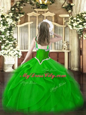 Unique Olive Green Little Girl Pageant Dress Party and Quinceanera with Beading and Ruffles One Shoulder Sleeveless Lace Up