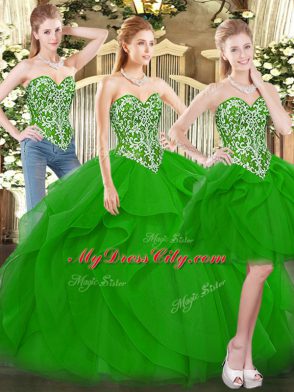 Green Ball Gowns Beading and Ruffles Quinceanera Dresses Lace Up Tulle Sleeveless Floor Length