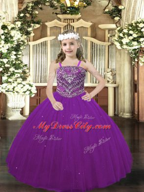 Sweet Purple Ball Gowns Straps Sleeveless Tulle Floor Length Lace Up Beading Little Girl Pageant Gowns