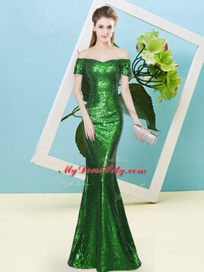 Stunning Off The Shoulder Short Sleeves Zipper Green Sequined