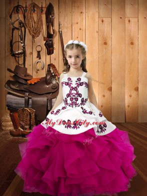 Trendy Straps Sleeveless Lace Up High School Pageant Dress Fuchsia Organza
