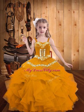 Gold Ball Gowns Straps Sleeveless Organza Floor Length Lace Up Embroidery and Ruffles Kids Formal Wear