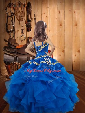 Gold Ball Gowns Straps Sleeveless Organza Floor Length Lace Up Embroidery and Ruffles Kids Formal Wear