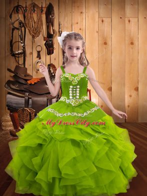 Cheap Olive Green Ball Gowns Straps Sleeveless Organza Floor Length Lace Up Embroidery and Ruffles Kids Formal Wear