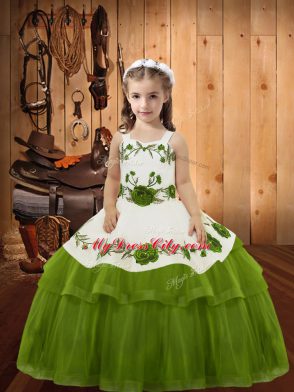 Amazing Floor Length Olive Green Pageant Gowns For Girls Straps Sleeveless Lace Up