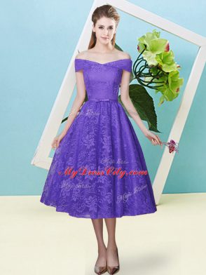 Custom Designed Tea Length Lavender Vestidos de Damas Lace Cap Sleeves Bowknot