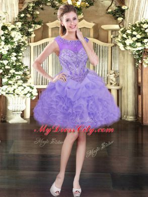 Sleeveless Organza Mini Length Lace Up Dress for Prom in Lavender with Beading and Ruffles and Pick Ups