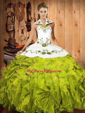 Pretty Olive Green Halter Top Lace Up Embroidery and Ruffles Sweet 16 Dresses Sleeveless