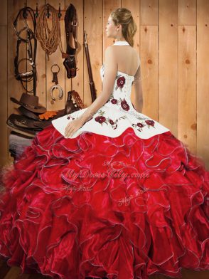 Pretty Olive Green Halter Top Lace Up Embroidery and Ruffles Sweet 16 Dresses Sleeveless