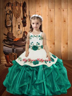 Most Popular Teal Ball Gowns Organza Straps Sleeveless Embroidery and Ruffles Floor Length Lace Up Pageant Dress for Womens