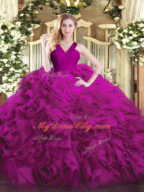 Fuchsia Ball Gowns Ruffles Vestidos de Quinceanera Zipper Organza and Fabric With Rolling Flowers Sleeveless Floor Length