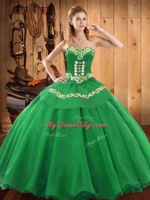 Custom Designed Sleeveless Floor Length Embroidery Lace Up Vestidos de Quinceanera with Green