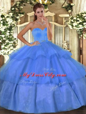 Baby Blue Ball Gowns Sweetheart Sleeveless Organza Floor Length Lace Up Beading and Ruffled Layers Vestidos de Quinceanera