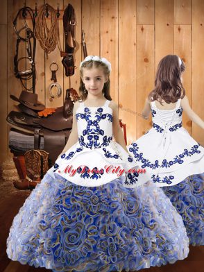 Straps Sleeveless Kids Pageant Dress Floor Length Embroidery and Ruffles Multi-color Fabric With Rolling Flowers