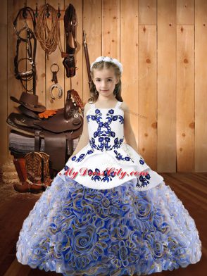 Straps Sleeveless Kids Pageant Dress Floor Length Embroidery and Ruffles Multi-color Fabric With Rolling Flowers
