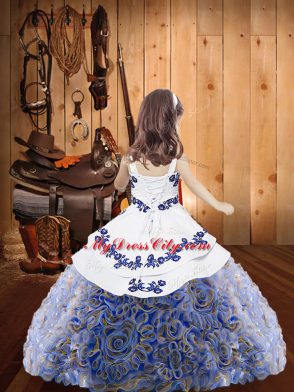 Straps Sleeveless Kids Pageant Dress Floor Length Embroidery and Ruffles Multi-color Fabric With Rolling Flowers
