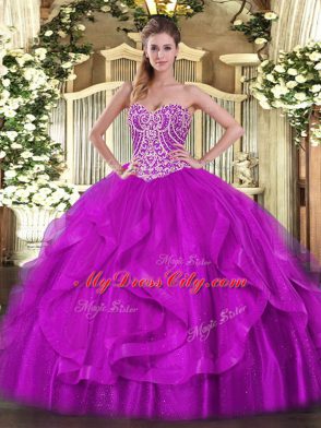 Organza Sweetheart Sleeveless Lace Up Beading and Ruffles Quince Ball Gowns in Fuchsia