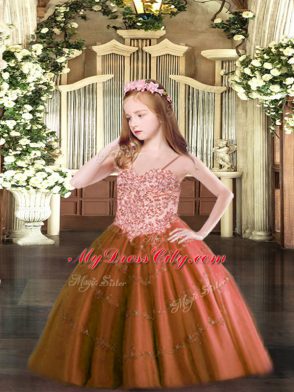 Perfect Rust Red Tulle Lace Up Spaghetti Straps Sleeveless Floor Length Kids Formal Wear Appliques