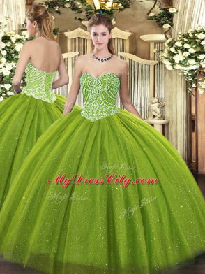 Dynamic Floor Length Olive Green Quinceanera Dresses Tulle Sleeveless Beading