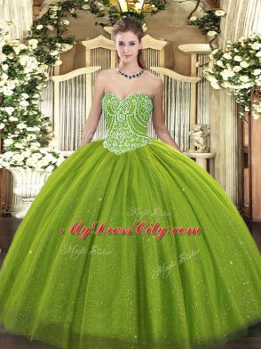 Dynamic Floor Length Olive Green Quinceanera Dresses Tulle Sleeveless Beading