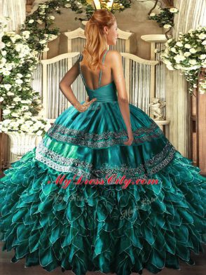 Vintage Teal Sleeveless Ruffles Floor Length Sweet 16 Dresses