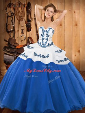 Dynamic Strapless Sleeveless Lace Up Ball Gown Prom Dress Blue Satin and Organza