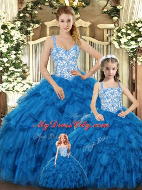Teal Ball Gowns Straps Sleeveless Organza Floor Length Lace Up Beading and Ruffles Ball Gown Prom Dress