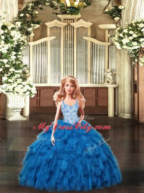 Teal Ball Gowns Straps Sleeveless Organza Floor Length Lace Up Beading and Ruffles Ball Gown Prom Dress