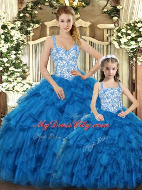 Teal Ball Gowns Straps Sleeveless Organza Floor Length Lace Up Beading and Ruffles Ball Gown Prom Dress