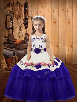 Floor Length Purple Custom Made Pageant Dress Organza Sleeveless Embroidery and Ruffled Layers