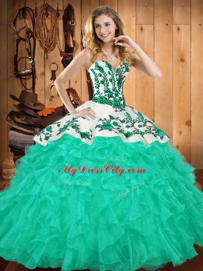 Turquoise Sweetheart Neckline Embroidery and Ruffles Quinceanera Dress Sleeveless Lace Up