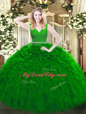Sophisticated Green Sleeveless Tulle Zipper Ball Gown Prom Dress for Military Ball and Sweet 16 and Quinceanera