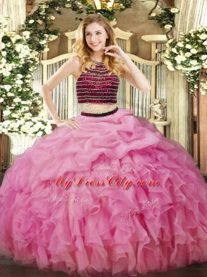 Rose Pink Sleeveless Organza Zipper Quinceanera Gown for Military Ball and Sweet 16 and Quinceanera