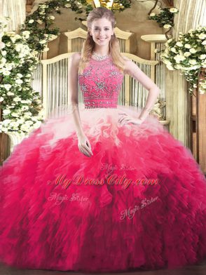 Great Floor Length Zipper Sweet 16 Dress Multi-color for Military Ball and Sweet 16 and Quinceanera with Beading and Ruffles