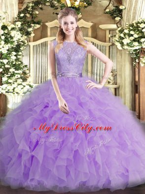 Flirting Lavender Sleeveless Floor Length Beading and Ruffles Backless Vestidos de Quinceanera