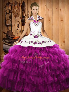Unique Floor Length Lace Up Sweet 16 Dresses Fuchsia for Military Ball and Sweet 16 and Quinceanera with Embroidery and Ruffled Layers