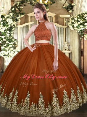Sweet Rust Red Sleeveless Floor Length Beading and Appliques Backless Quinceanera Gowns