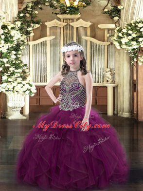 Purple Lace Up Halter Top Beading and Ruffles Child Pageant Dress Organza Sleeveless