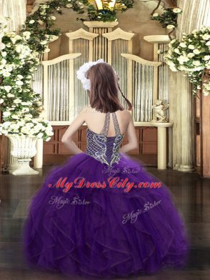 Purple Lace Up Halter Top Beading and Ruffles Child Pageant Dress Organza Sleeveless