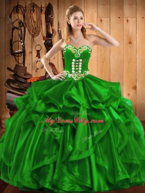 Green Organza Lace Up Vestidos de Quinceanera Sleeveless Floor Length Embroidery and Ruffles
