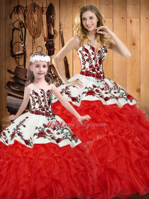 Embroidery and Ruffles 15 Quinceanera Dress White And Red Lace Up Sleeveless Floor Length