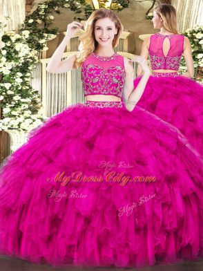 Excellent Fuchsia Two Pieces Beading and Ruffles Quinceanera Dresses Zipper Tulle Sleeveless Floor Length