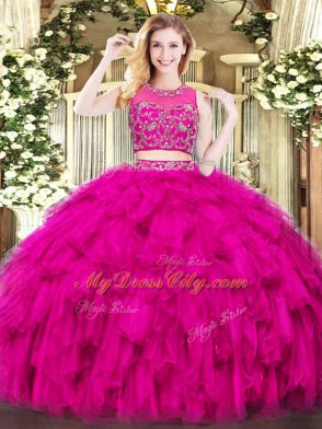 Excellent Fuchsia Two Pieces Beading and Ruffles Quinceanera Dresses Zipper Tulle Sleeveless Floor Length