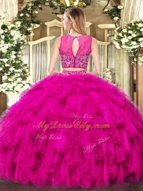 Excellent Fuchsia Two Pieces Beading and Ruffles Quinceanera Dresses Zipper Tulle Sleeveless Floor Length