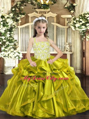 Floor Length Yellow Green Kids Formal Wear Organza Sleeveless Beading and Ruffles