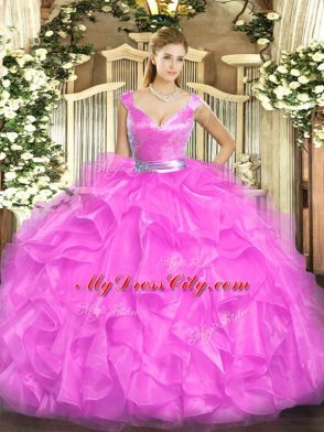 Pretty Tulle V-neck Sleeveless Zipper Beading and Ruffles Sweet 16 Dresses in Fuchsia