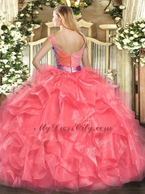 Pretty Tulle V-neck Sleeveless Zipper Beading and Ruffles Sweet 16 Dresses in Fuchsia