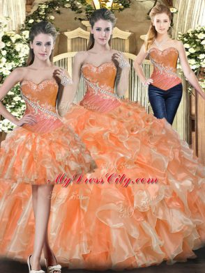 Sweetheart Sleeveless Quinceanera Gown Floor Length Beading and Ruffles Orange Red Tulle