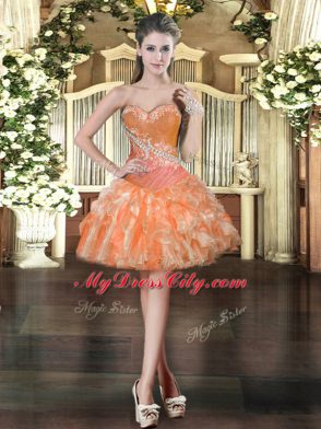 Sweetheart Sleeveless Quinceanera Gown Floor Length Beading and Ruffles Orange Red Tulle