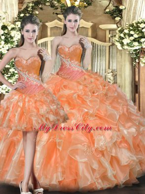 Sweetheart Sleeveless Quinceanera Gown Floor Length Beading and Ruffles Orange Red Tulle